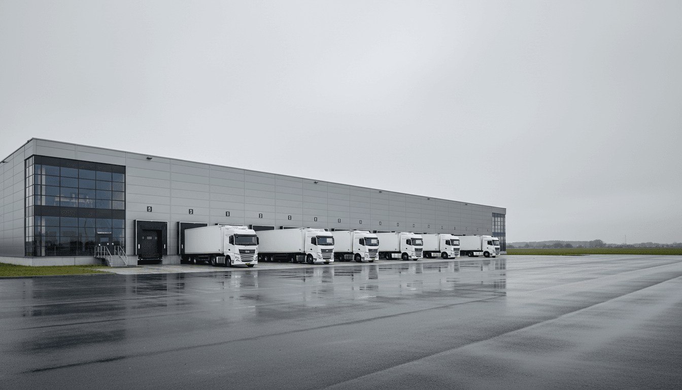 Modern Dutch distribution center with European trucks at loading docks on overcast morning