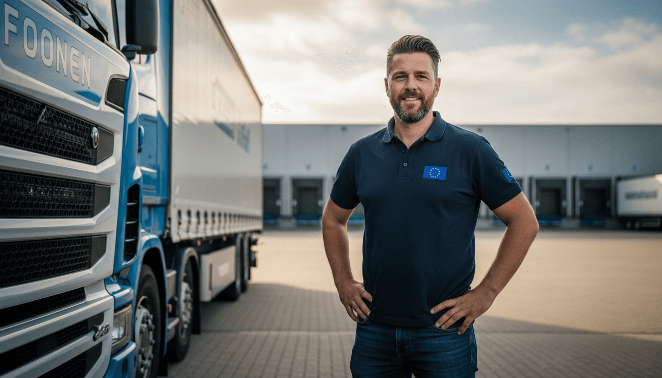English-speaking EU truck driver standing beside modern logistics truck in Netherlands