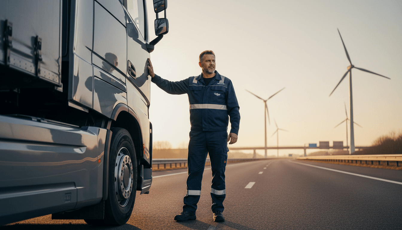 Professional truck driver standing beside modern logistics vehicle