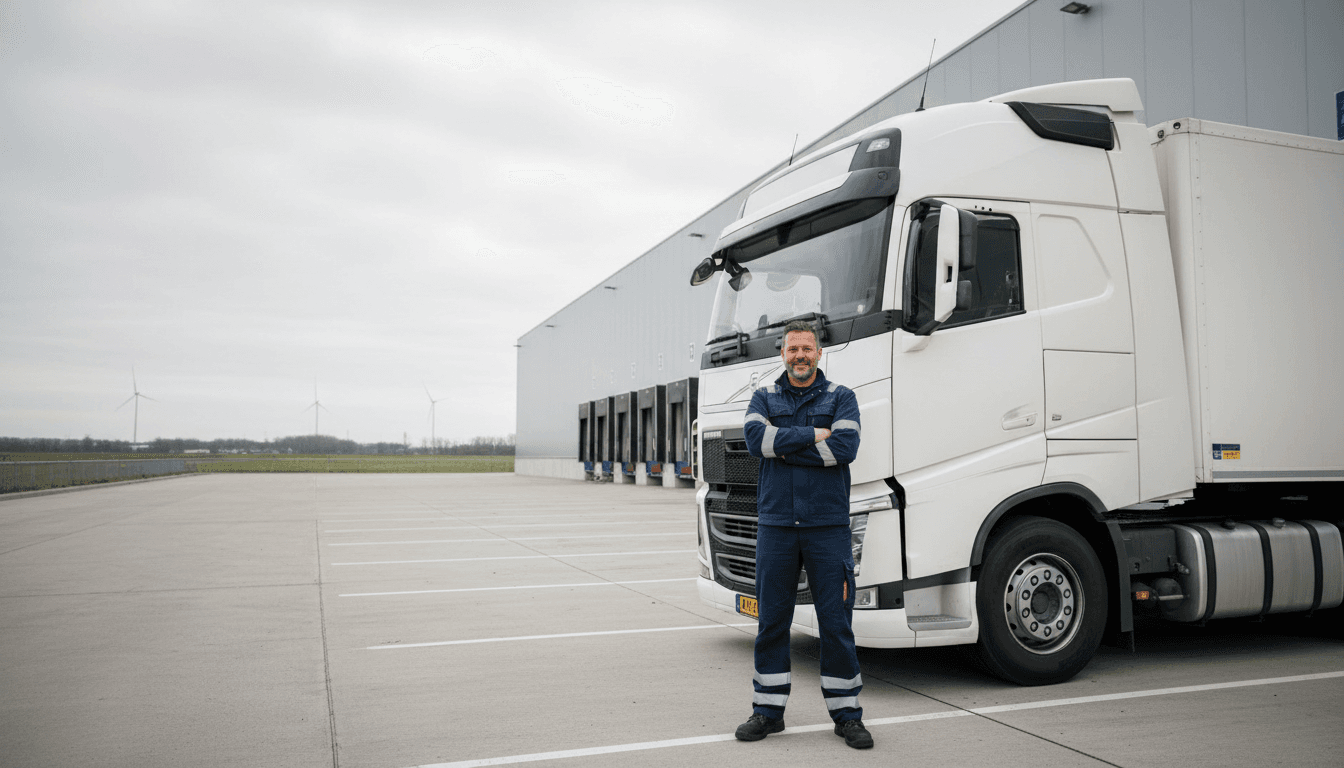 Dutch truck driver in work clothes with reflective stripes by a white truck at a distribution center.