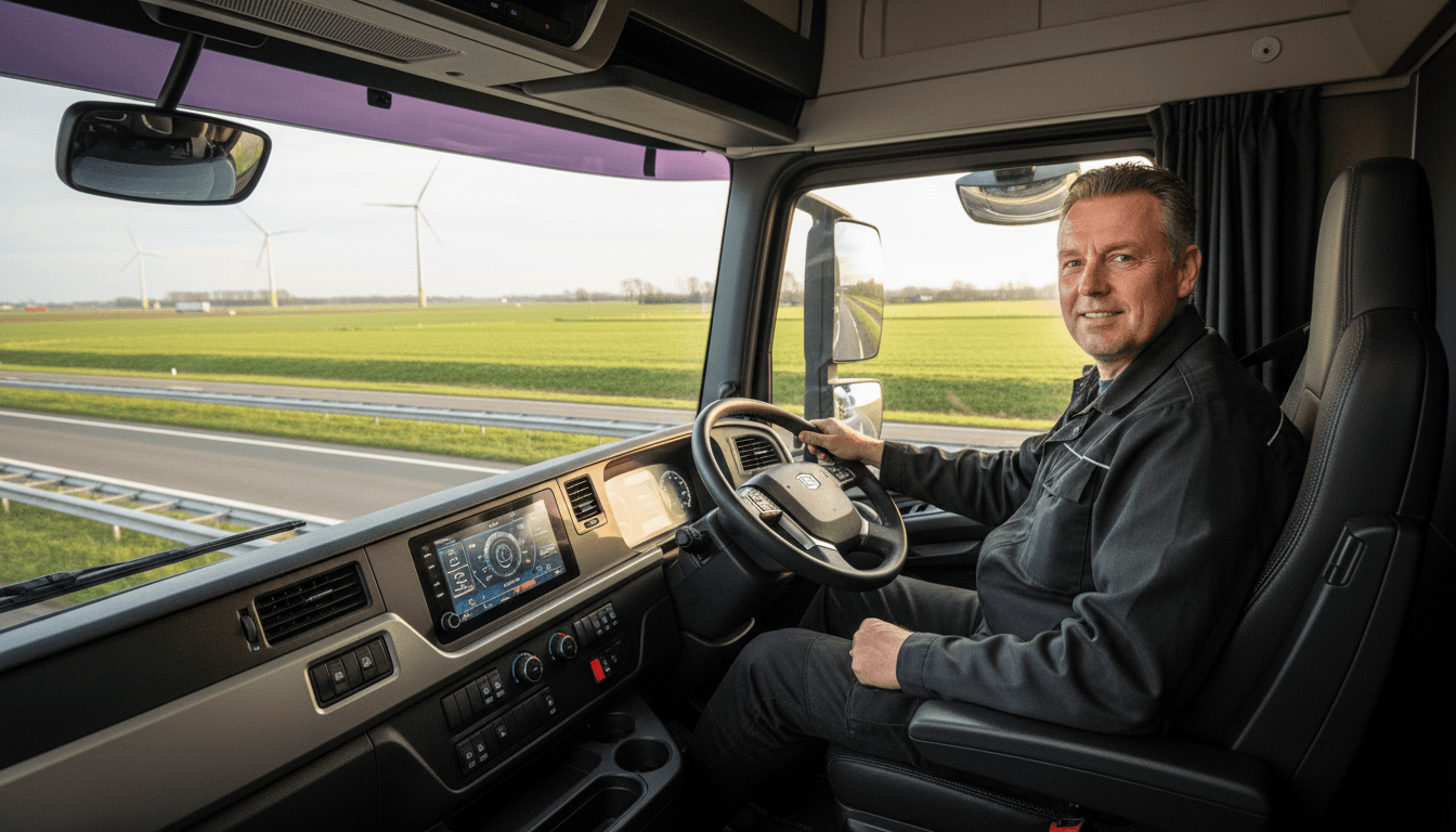 Dutch truck driver in a modern European truck cab looks ahead with a smile, Dutch motorway in view.