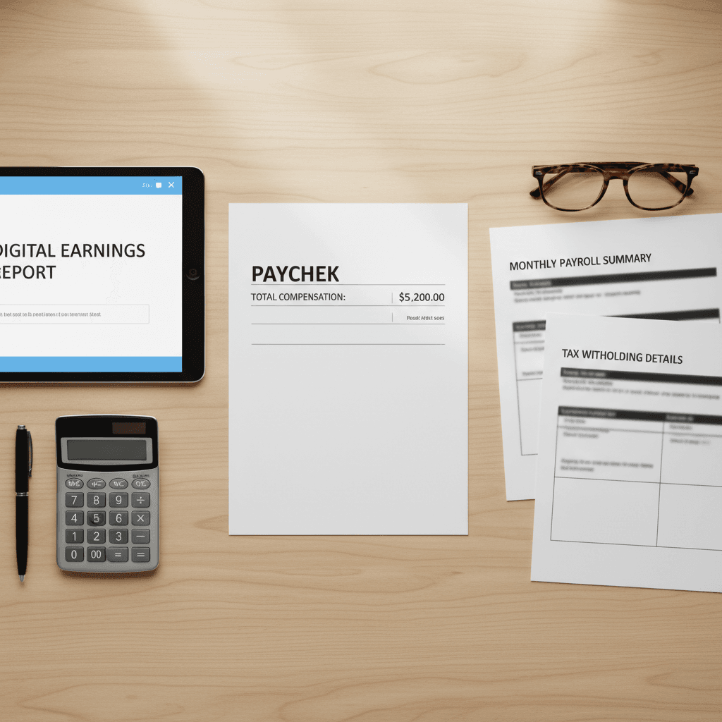Overhead arrangement of payroll documents, tablet, calculator, and pen on wooden desk surface