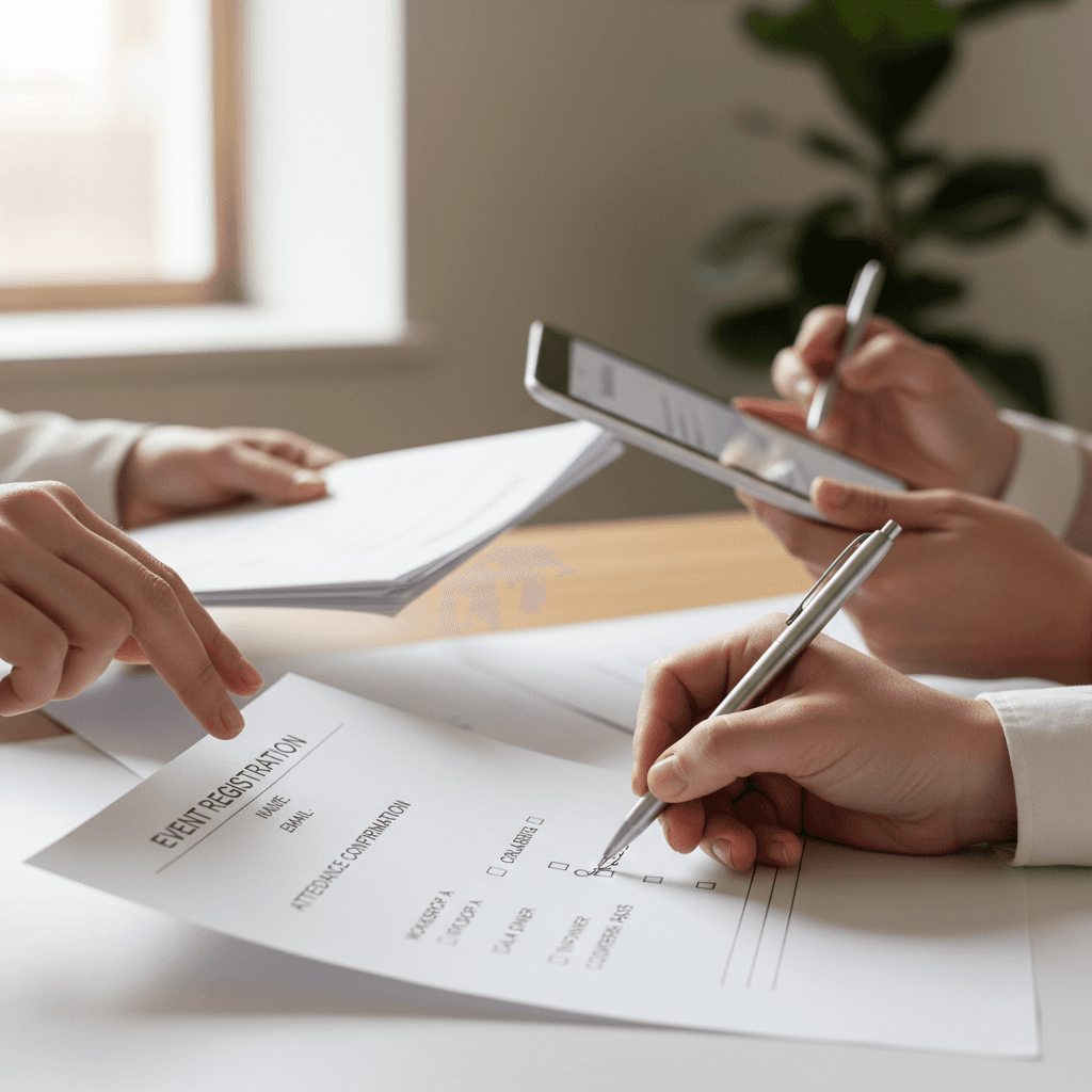 Close-up of multiple hands completing event registration forms and paperwork with pen under natural lighting