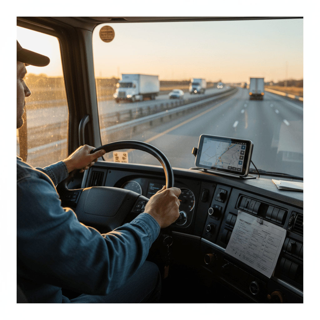 Professional truck driver gripping steering wheel during early morning highway drive with sunlight illuminating focused expression